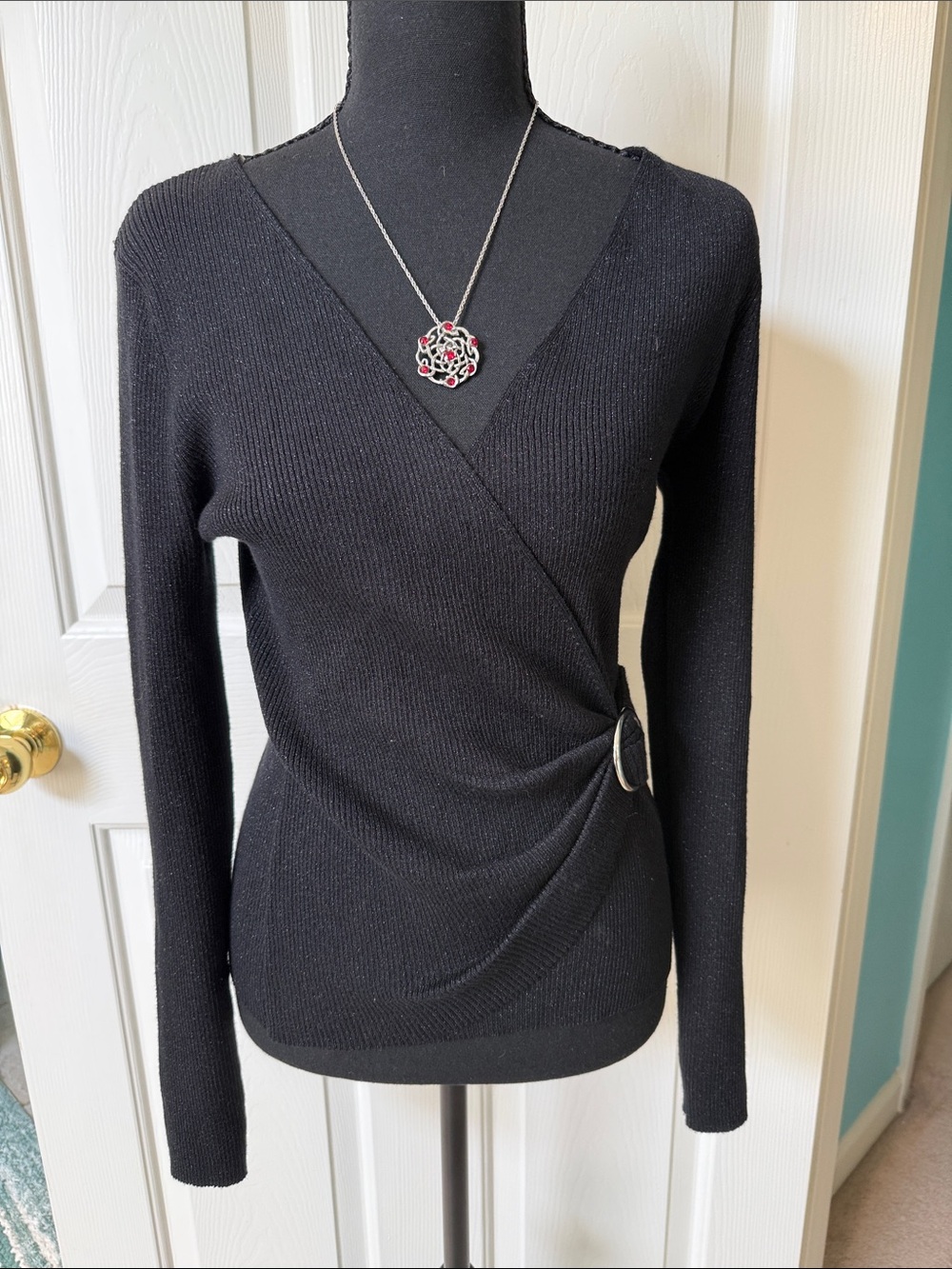 INC International Concepts Black Shimmering Ribbed Faux Wrap Long Sleeve Sweater